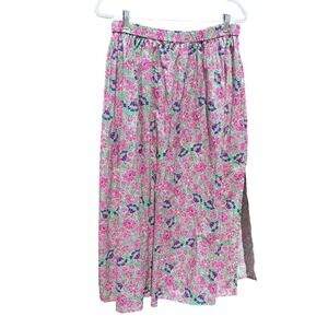 Sundry‎ Floral Cotton Midi Skirt Pink Green Navy Pull-On Boho Cottagecore L